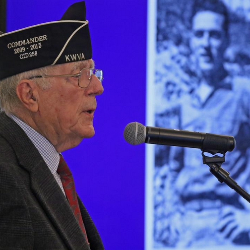 Richard N. St. Louis of Smithfield, U.S. Army (retired) speaks about his time in Korea during the war. Photo by Steve Szydlowski.